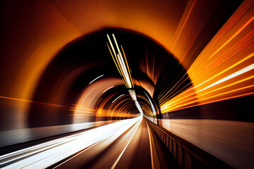 long exposure dynamic speed light trails in a tunnel . generative ai. 