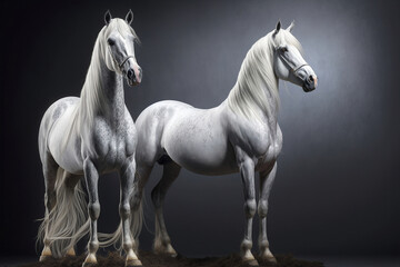 Obraz na płótnie Canvas Beautiful pair of white horses, illustration generative ai