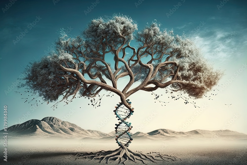 Poster tree with a trunk in the shape of a dna helix. Generated by AI