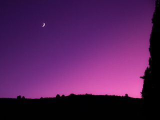 A purple sky with a crescent moon with a purple glow