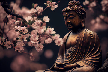 Buddha statue with cherry blossom. generative ai. 