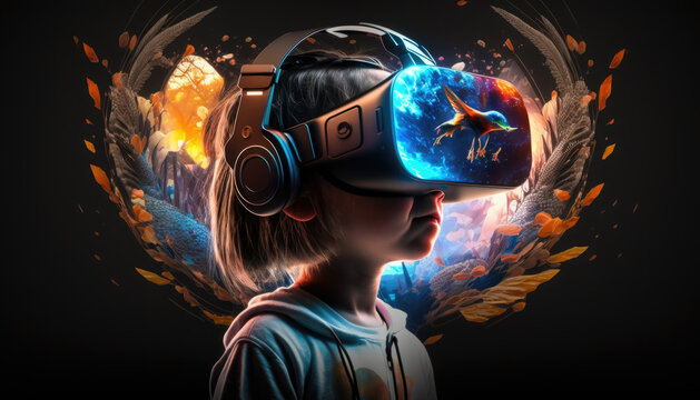 Child uses virtual reality glasses and explores meta universe created with generative AI technology