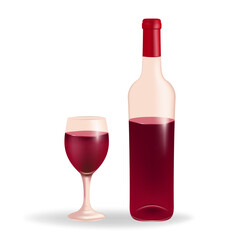 Wine glass filled with red wine, along with a wine bottle, on a white background. Perfect for wine lists, menus, or any project related to wine, beverage, celebration, and luxury.