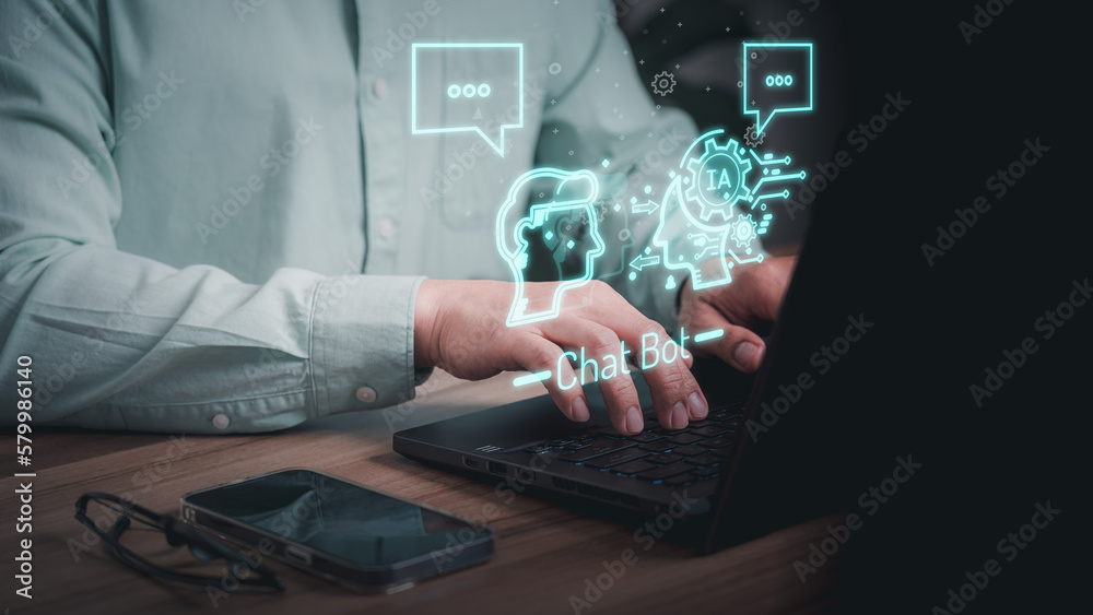 Poster Chatbot Chat with AI, Artificial Intelligence. Adult man chatting with a smart AI or artificial intelligence using an artificial intelligence chatbot developed, Futuristic technology transformation.