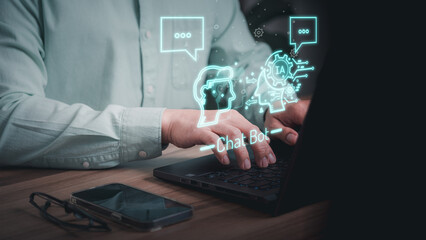 Chatbot Chat with AI, Artificial Intelligence. Adult man chatting with a smart AI or artificial intelligence using an artificial intelligence chatbot developed, Futuristic technology transformation.