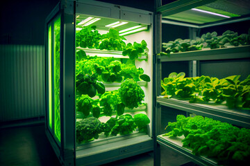 Fresh Vegetables are growing in indoor farm. generative ai 