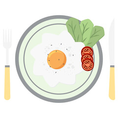 Fried Egg Yolk Fry Serving Food Lettuce Tomato on a Plate Fork Knife
