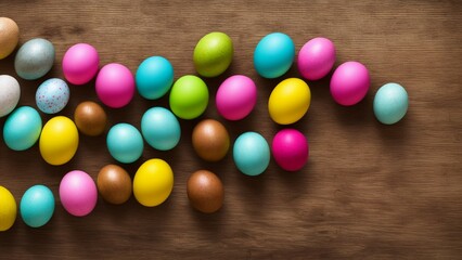 AI generrated picture of Easter eggs laying on a wooden table