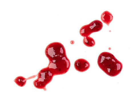 Drops and stains of red berry jam, sauce isolated on transparent, PNG