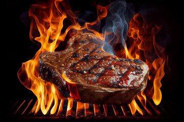Juicy grilled meat. Grilling Steak on a Fire Grill. generative ai