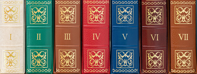 Leather-bound antique books, sorted from first to seventh volume on a wooden shelf with Roman...