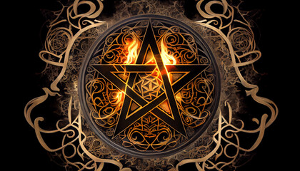 Fototapeta na wymiar Black mass montage of occult Satanic pentagram materialising against a grunge texture background of alchemy symbols.