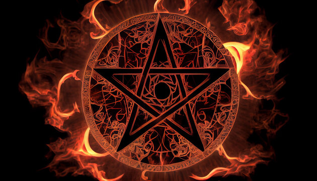 Black mass montage of occult Satanic pentagram materialising against a grunge texture background of alchemy symbols.