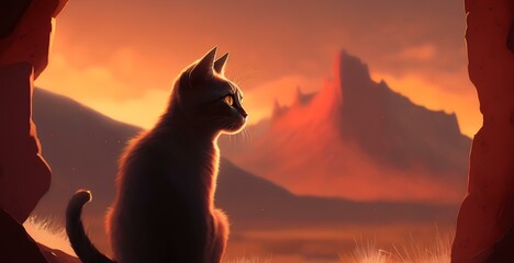 Fototapeta na wymiar cat in front of a scenic volcano crater (AI Generated)