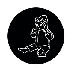 The kid is sitting in overalls black line icon.  Toddler development.