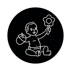 The child is sitting and playing with toys black line icon.  Toddler development.