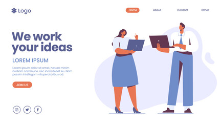Business idea landing page template.Teamwork and partnership Business communicate concept. Businessman and Businesswoman communication in business webpage, landing page vector