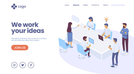 Business idea landing page template.Teamwork and partnership Business communicate concept. Businessman and Businesswoman communication in business webpage, landing page vector
