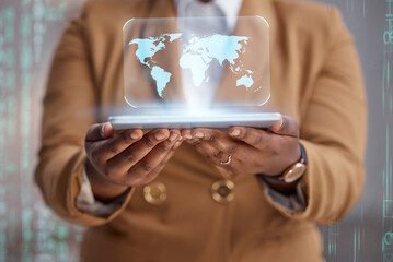 Person hands, tablet and map hologram for worldwide connection, global data and cybersecurity software development. 3D holographic, digital world or planet of business woman in futuristic app overlay