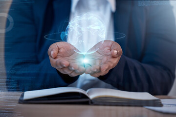 Business woman palm with global hologram for worldwide connection, globe data and cybersecurity planning on notebook. Holographic, digital world and planet earth of person hands in futuristic overlay