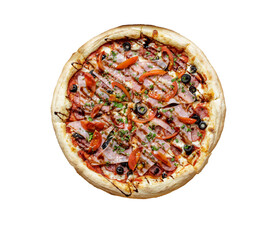 Pizza with ham, arugula, cherry tomatoes and vegetables. pizza isolated on white background.