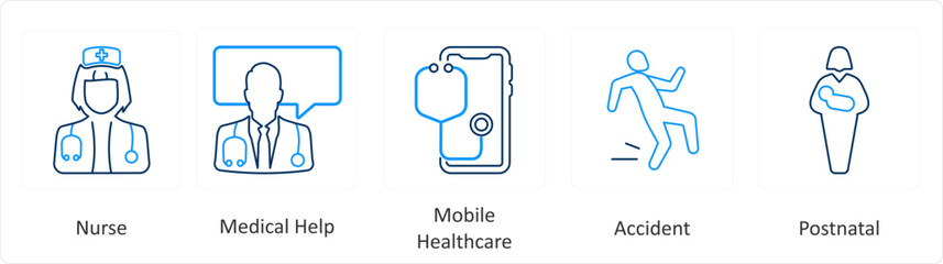A set of 6 Medical icons as nurse, medical help, mobile health care