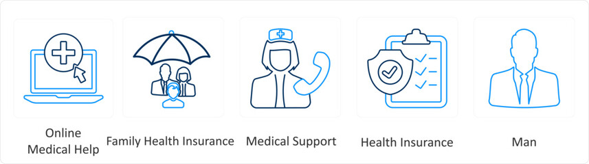 A set of 6 Medical icons as online medical help, family health insurance