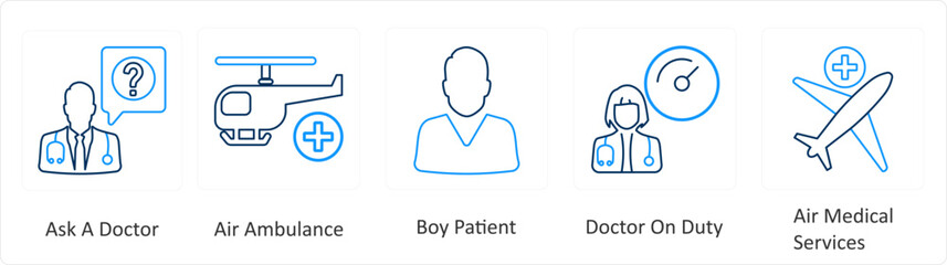 A set of 6 Medical icons as ask a doctor, air ambulance, boy patient