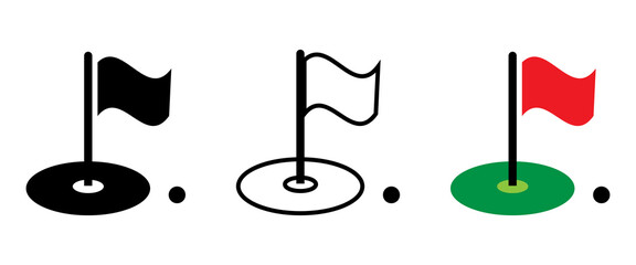 Gulf course with flag and gulf ball vector icons set. Gulf game illustration