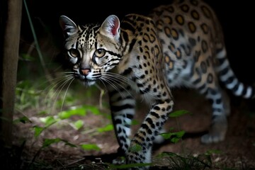 ocelot hunting for prey in the dark with its black stripes and spots (AI Generated)