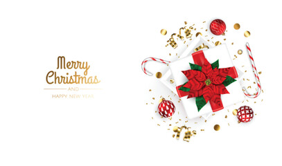 Christmas banner. Xmas background design with realistic gift box, snowflake and golden confetti glitter. Horizontal Christmas poster, greeting cards, headers, website