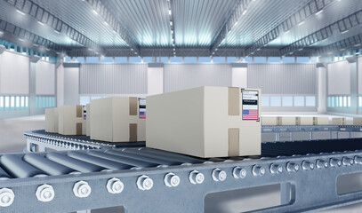 Boxes with USA flag. Conveyor warehouse. Boxes of American goods on conveyor. Production line inside Angara. Logistics center in USA. Boxes on automatic tape. Production of goods in USA. 3d image.