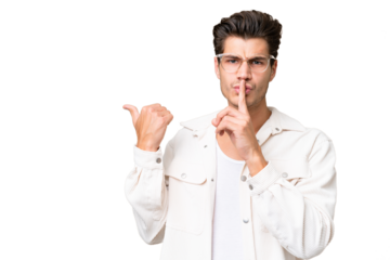 Young handsome caucasian man over isolated background pointing to the side and doing silence gesture