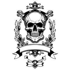 pirate skull head logo illustration is hand-drawn with meticulous attention to detail, capturing the iconic image of the swashbuckling pirate