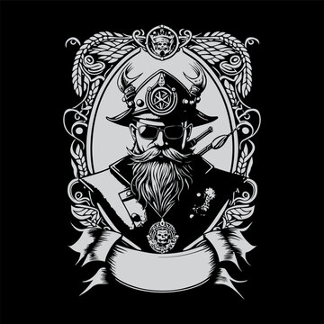 pirate skull head logo illustration is hand-drawn with meticulous attention to detail, capturing the iconic image of the swashbuckling pirate