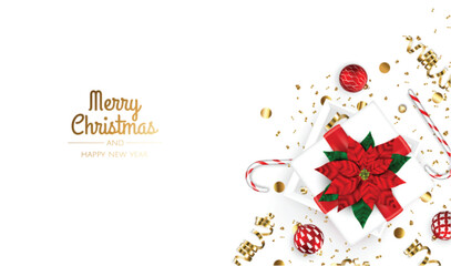 Merry Christmas and Happy New Year. Xmas Festive background with realistic 3d objects, gift box, gold and white balls.