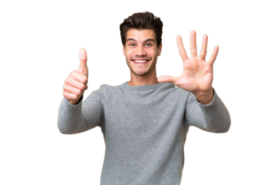 Young handsome caucasian man over isolated background counting six with fingers