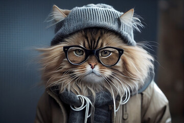 Siberian fashionable Hipster cat portrait.