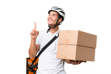 Delivery man wearing a helmet bike over isolated background pointing up a great idea