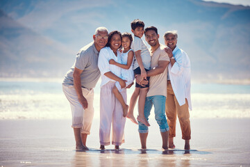 Beach, portrait of grandparents and parents with kids, smile and bonding together on ocean...