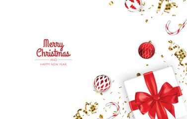 Christmas banner. Xmas background design with realistic gift box, snowflake and golden confetti glitter. Horizontal Christmas poster, greeting cards, headers, website