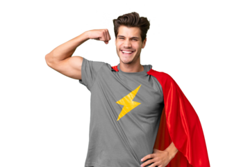Young handsome caucasian man over isolated background in superhero costume and doing strong gesture
