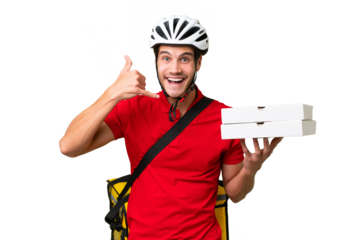 Pizza delivery man with work uniform picking up pizza boxes over isolated background making phone gesture. Call me back sign