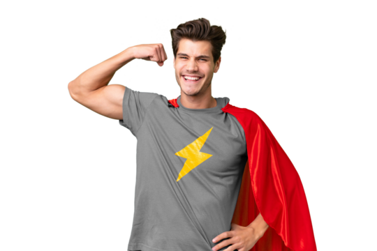 Young handsome caucasian man over isolated background in superhero costume and doing strong gesture
