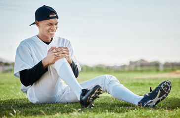 Baseball, pain and man with knee injury on field after accident, fall or workout in match. Sports, training and male athlete with fibromyalgia, inflammation or broken leg, arthritis or tendinitis.