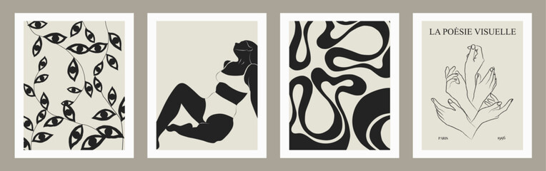 Women wall art, vector set. Boho silhouette art drawing with abstract eye print and ginkgo biloba. Art design for print, cover, wallpaper, Minimal wall art.	