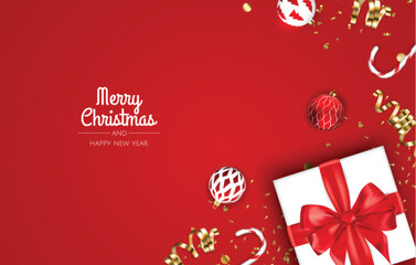 Christmas banner. Xmas background design with realistic gift box, snowflake and golden confetti glitter. Horizontal Christmas poster, greeting cards, headers, website