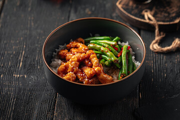 Portion of asian rice dish with chicken and green beans