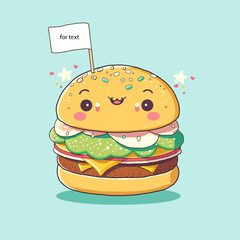 Pattern with Сartoon cute smiling Burger with mock-up flag for your text. Perfect content for wallpaper, postcards, posters, fabric, napkins and other creative projects. American BBQ Burger. 