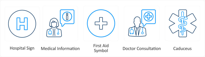 A set of 6 Medical icons as hospital sign, medical information, first aid symbol